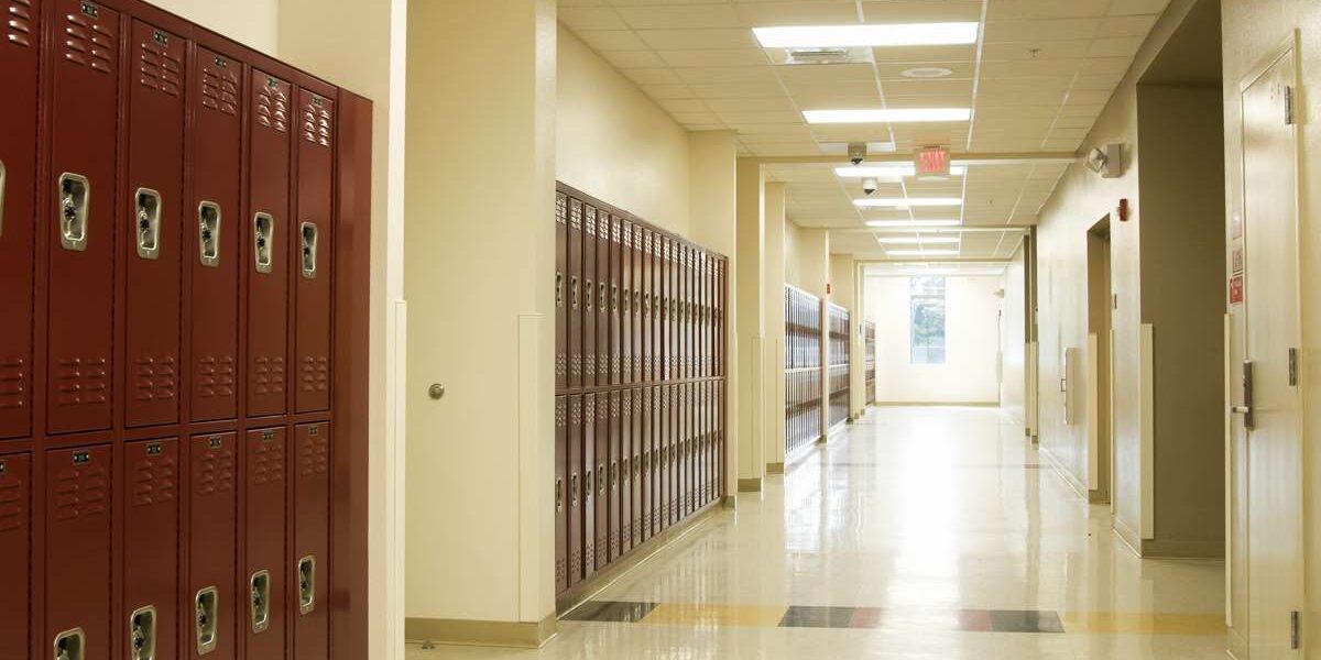 A school hallway lit by TGS LED troffers