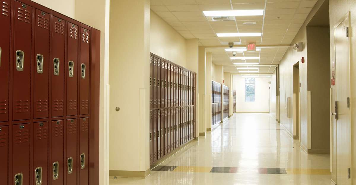 A school hallway lit by TGS LED troffers