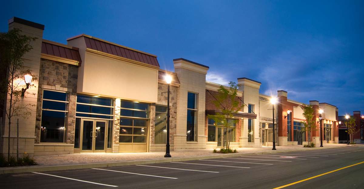 Retail Lighting LED lamp posts outside of a retail complex