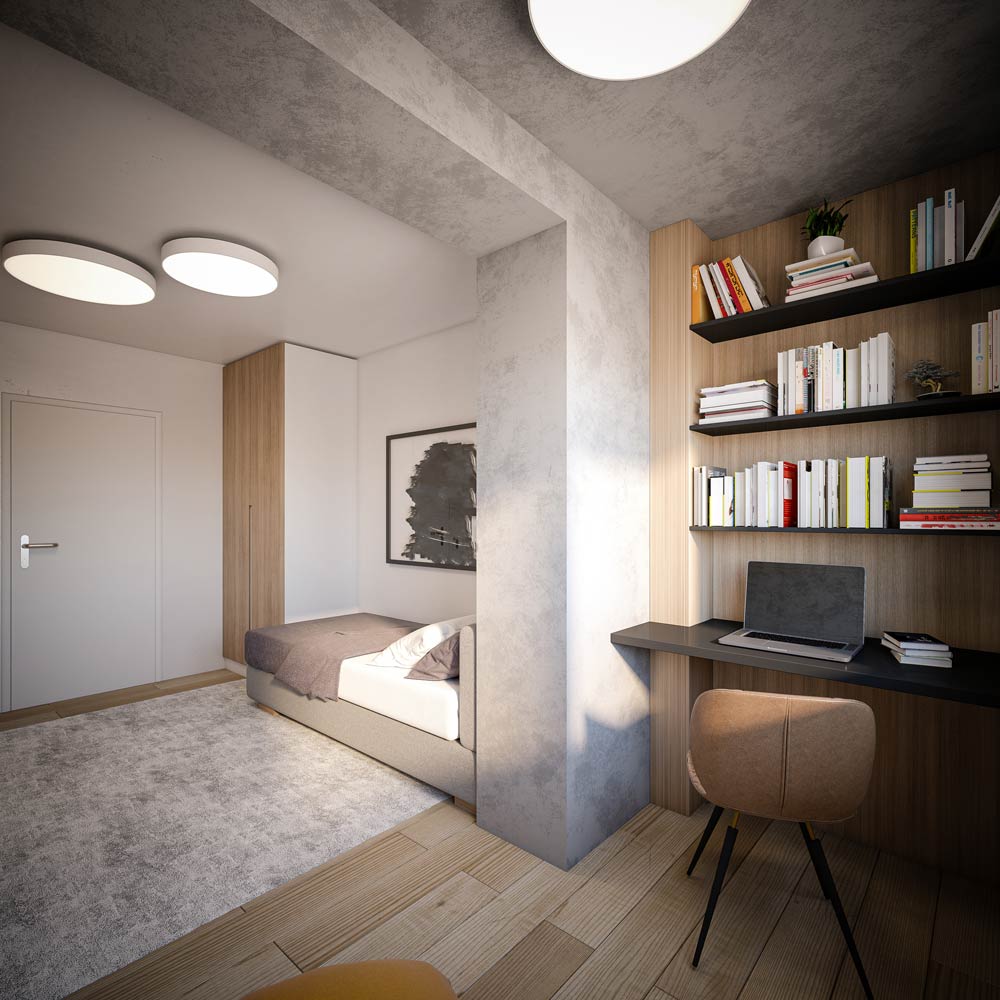 Lighting for Educational Facilities Modern flush-mount circular light fixtures illuminate a modern dorm room