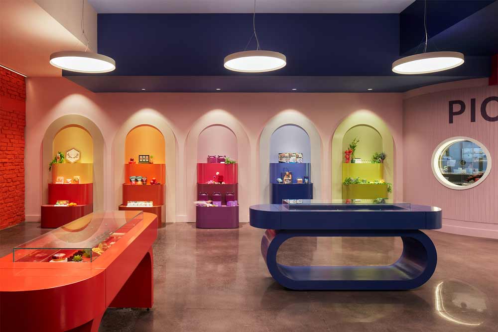 Circular pendant lights and recessed downlights highlight items for sale inside a dispensary