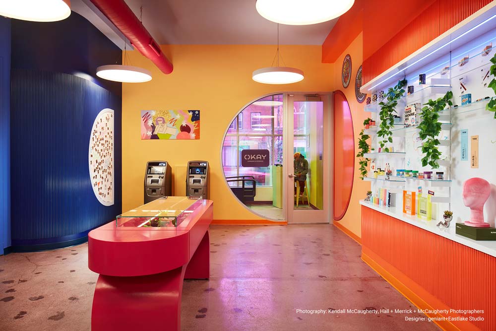 Retail Lighting Modern circular pendant lights in a colorful store