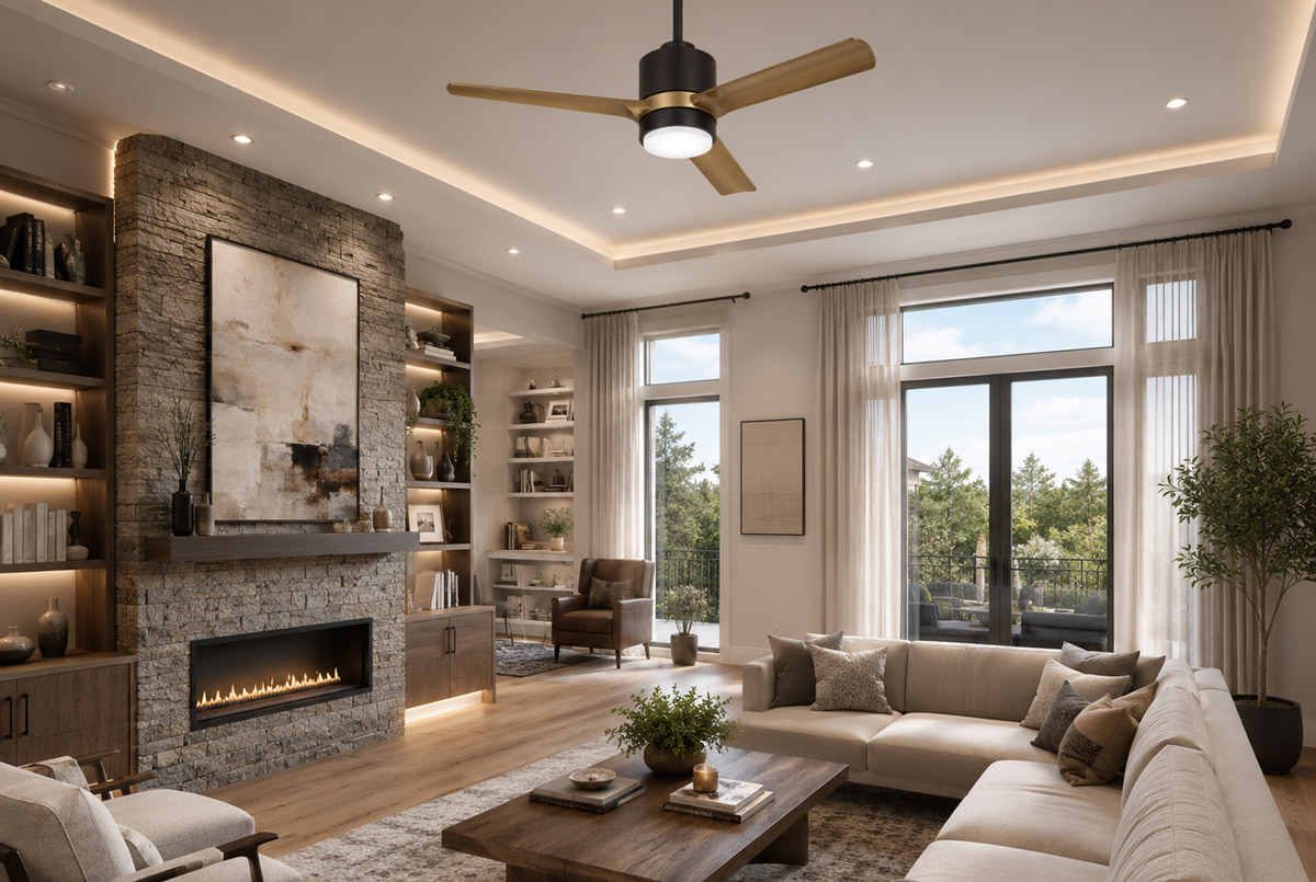 Architectural lighting and a ceiling fan installed in a living room